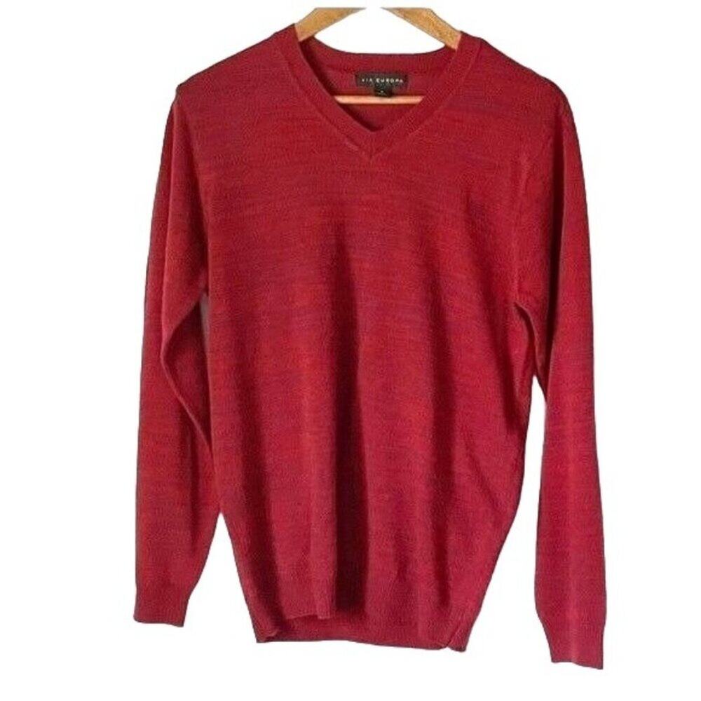 Via Europa Sweater Men's Small V-Neck Preppy Academia Marbled Sweater Red